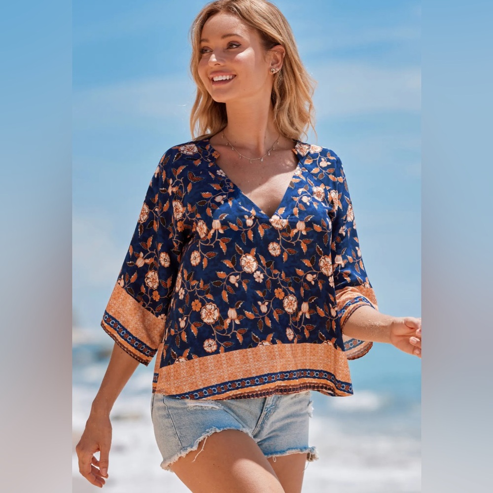 Cupshe Womens Blue and Orange Floral Blouson Top NWT